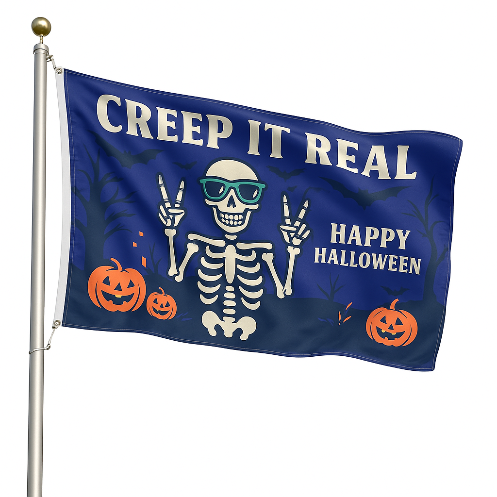 Halloween-themed flag with skeleton, pumpkins, and 'Creep It Real Happy Halloween' text on a blue background.