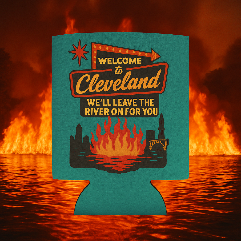 Welcome To Cleveland We'll Leave The River On For Your Beer Can Cooler Holder Sleeve