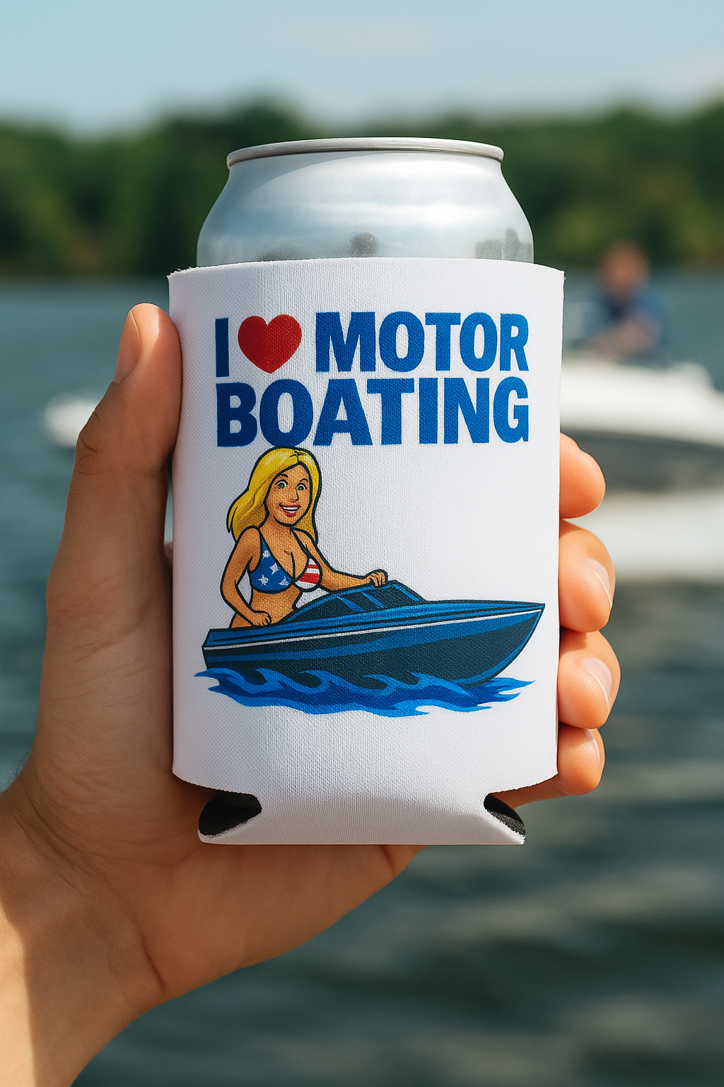 I Love Motor Boating Beer Coolie Beer Sleeve