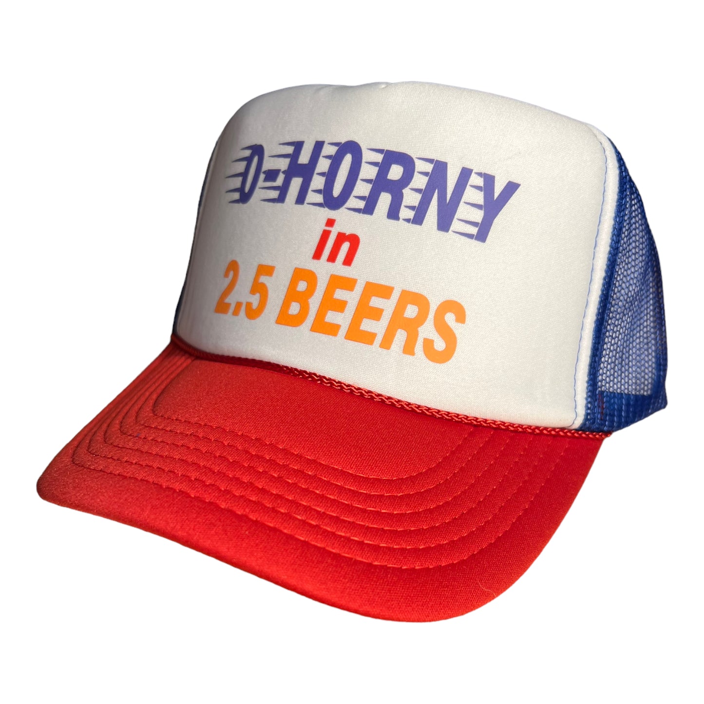 0- Horny In 2.5 beers Trucker Hat Funny Trucker Hat Red/White/Blue