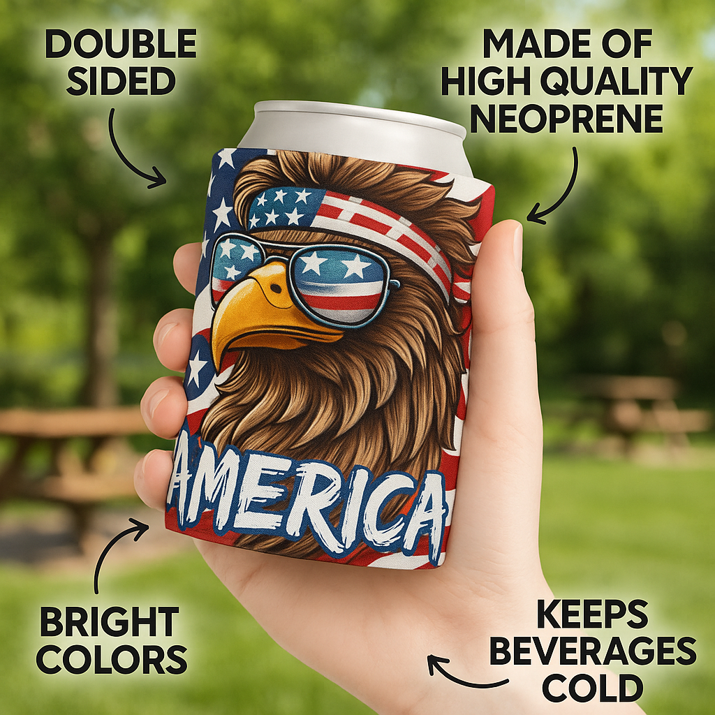 MERICA' Bald Eagle Can Coolie funny beer sleeve American Flag