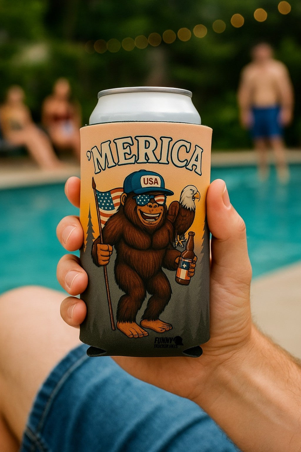 Merica Bigfoot funny Beer Coolie Beer Sleeve
