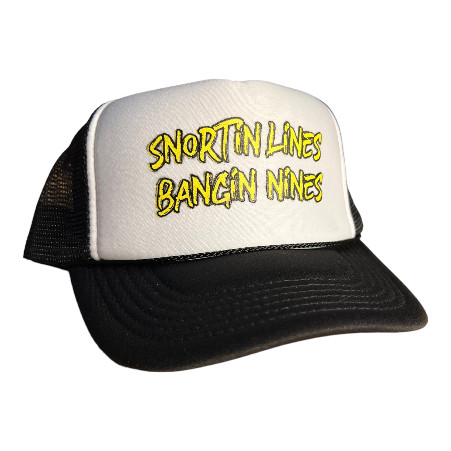 Snortin Lines Bangin Nines Trucker Hat Funny Trucker Hat Black/White
