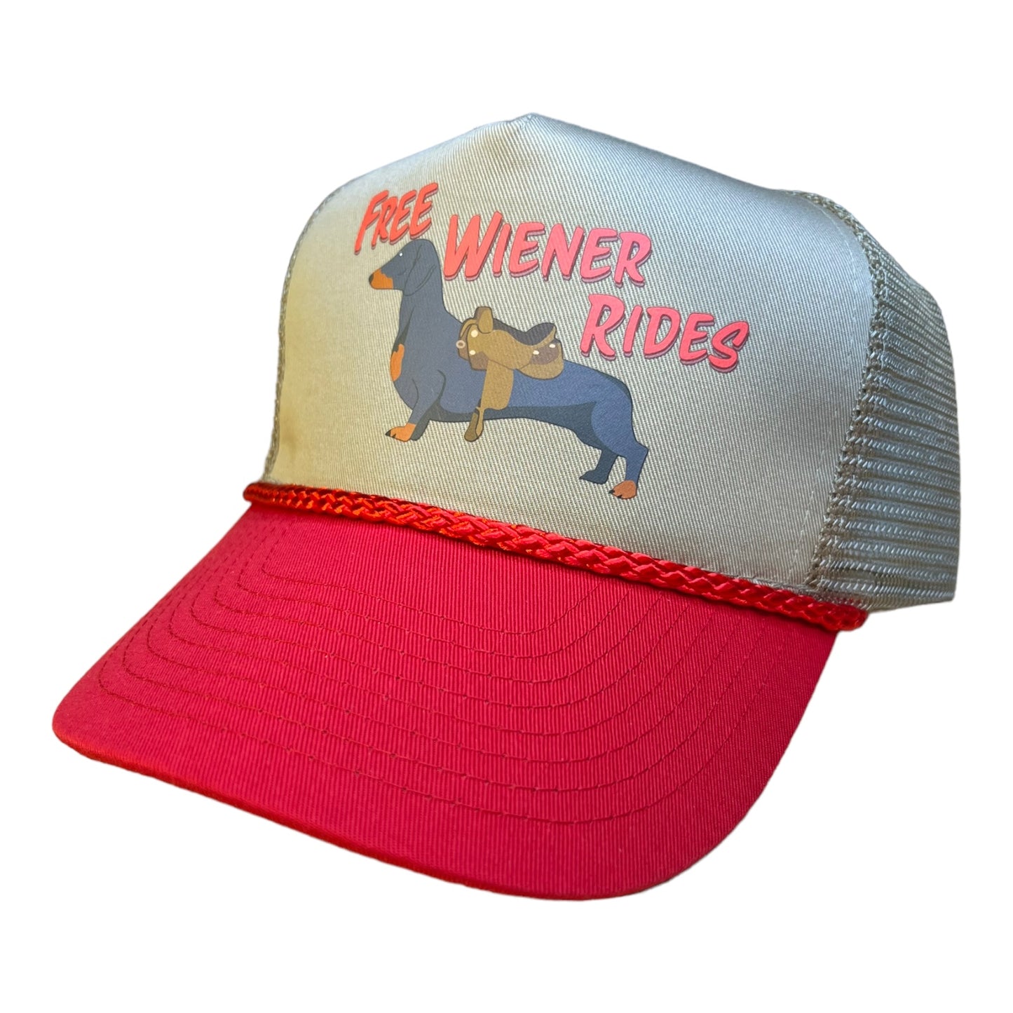 Dachshund Free Wiener Rides Trucker Hat Funny Trucker Hat Red/Beige