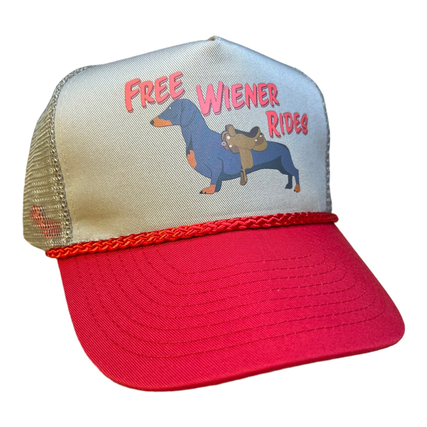 Dachshund Free Wiener Rides Trucker Hat Funny Trucker Hat Red/Beige