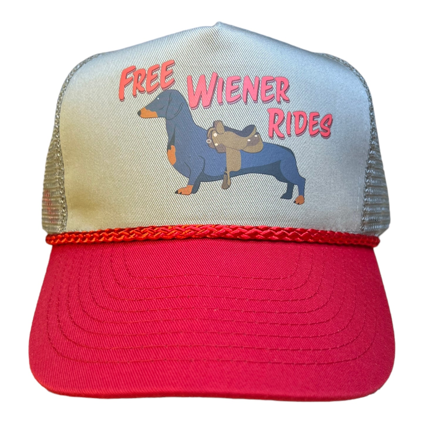 Dachshund Free Wiener Rides Trucker Hat Funny Trucker Hat Red/Beige