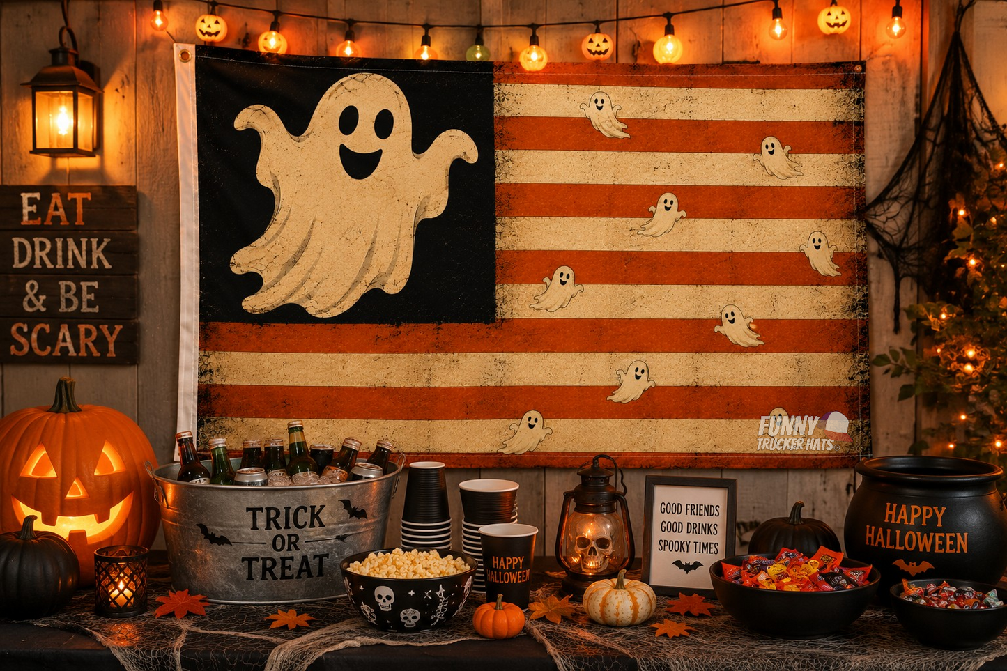 Ghost Americana Halloween Flag | Vintage 3x5 Ghost Flag | Patriotic Halloween Porch Decor