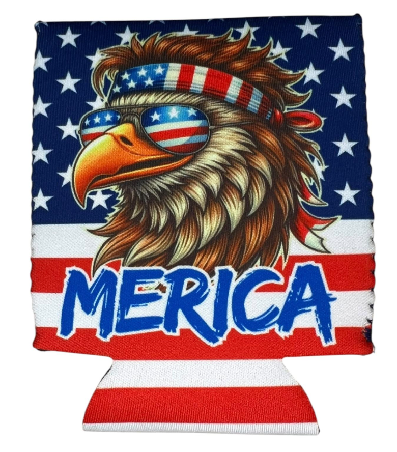 MERICA' Bald Eagle Can Coolie funny beer sleeve American Flag