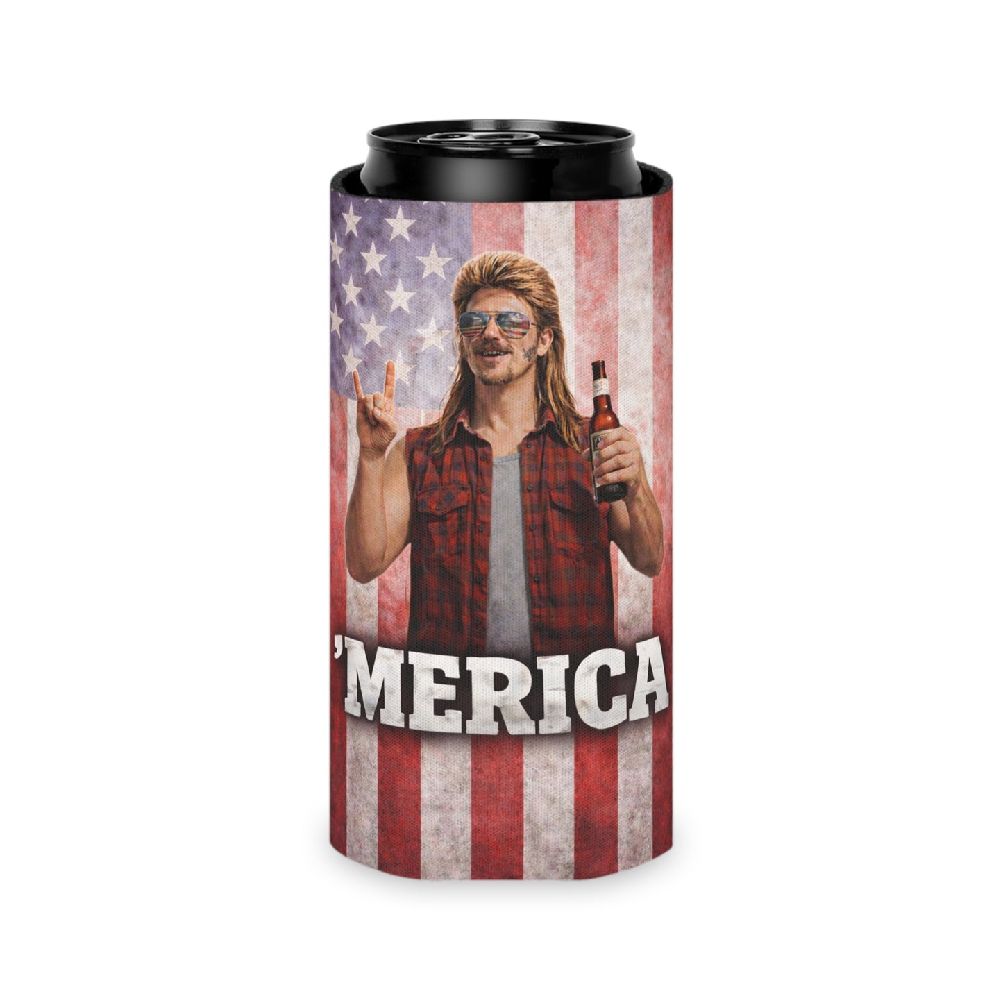 Merica' Mullet Man American Flag Funny Beer Can Cooler Holder Sleeve