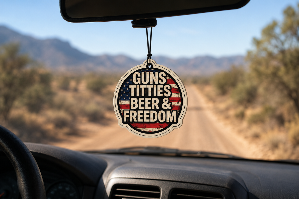 Guns Titties Beer & Freedom Car Air Freshener – Outlaw Cologne | Funny Patriotic Gift | BC Fresh Co.