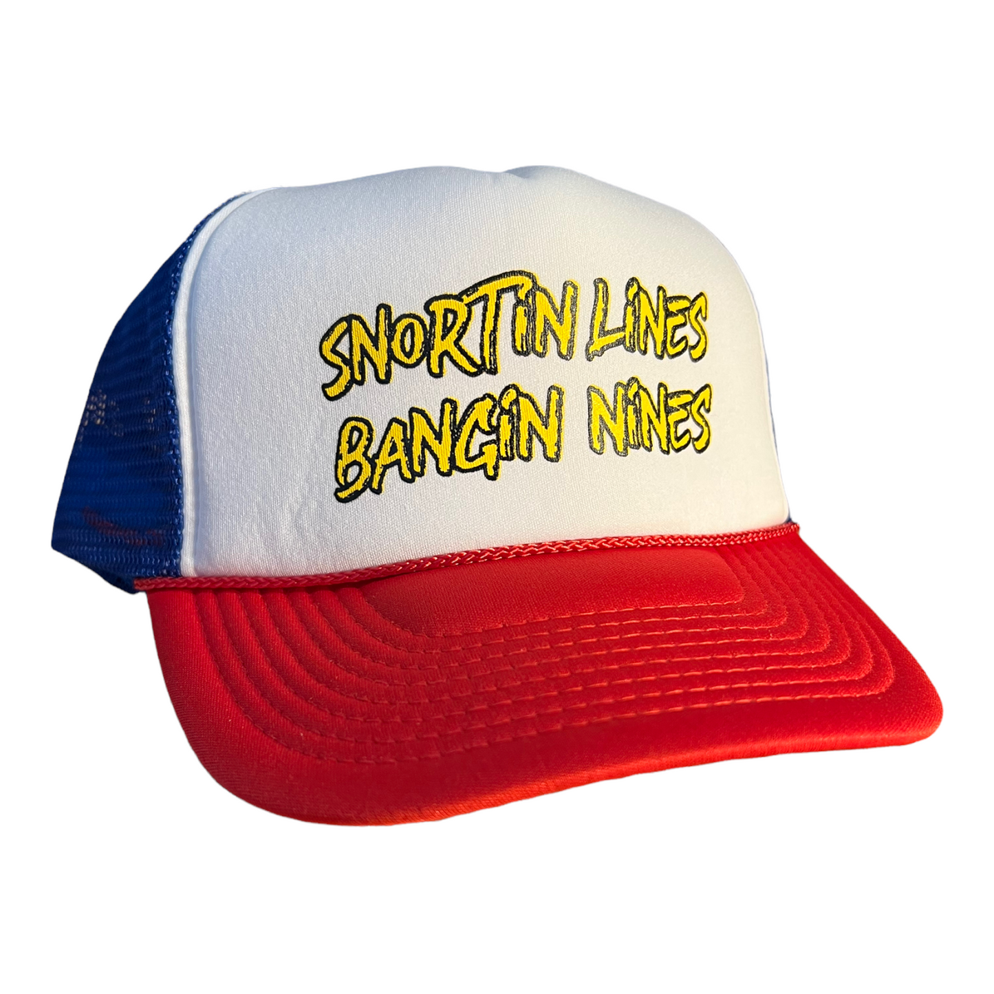 Snortin Lines Bangin Nines Trucker Hat Funny Trucker Hat Red/White/Blue no