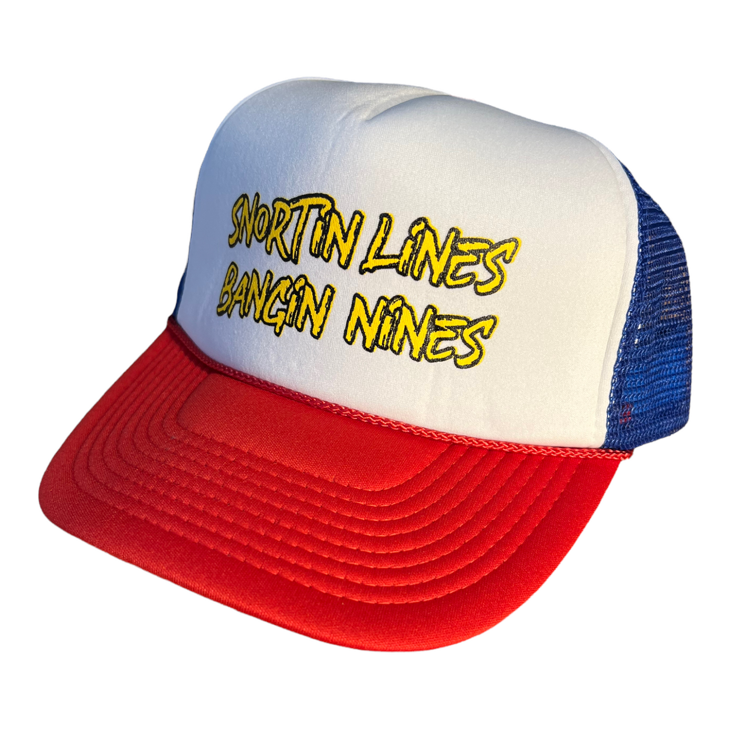 Snortin Lines Bangin Nines Trucker Hat Funny Trucker Hat Red/White/Blue no