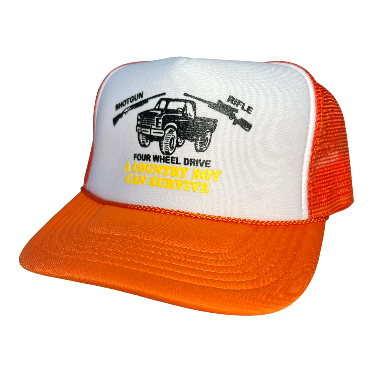Country Boy Can Survive Trucker Hat Funny Trucker Hat Orange/White