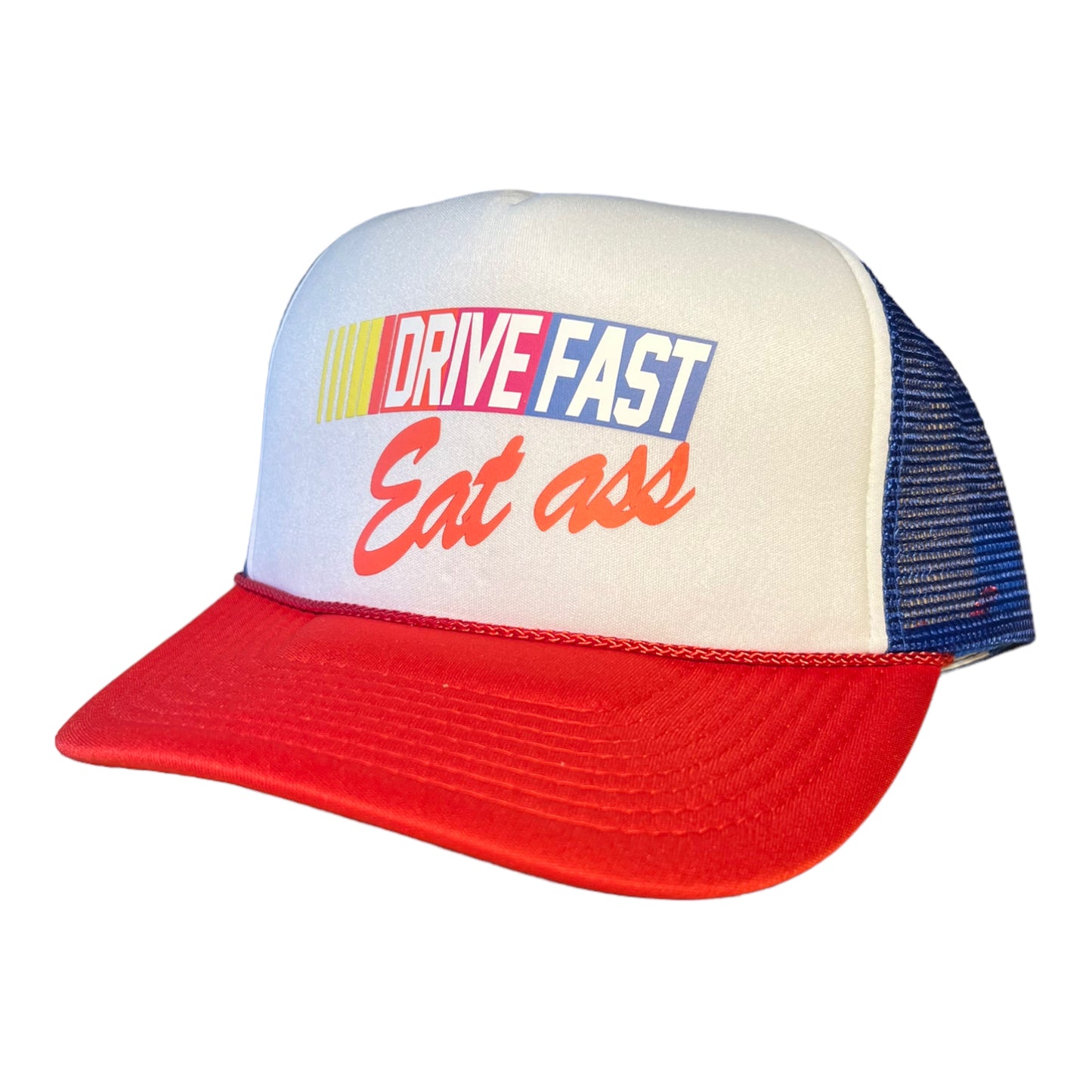 Drive Fast Eat Ass Trucker Hat Funny Trucker Hat Red/White/Blue