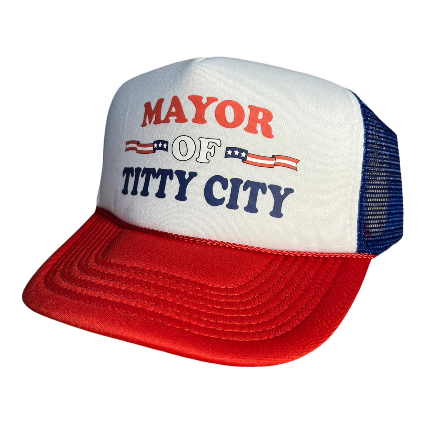 Mayor Of Titty City Hat Trucker Hat Funny Trucker Hat Red/White/Blue