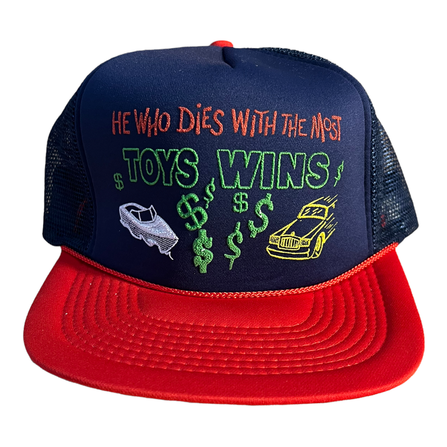 Vintage He Who Dies With The Most Toys Wins Trucker Hat Funny Hat