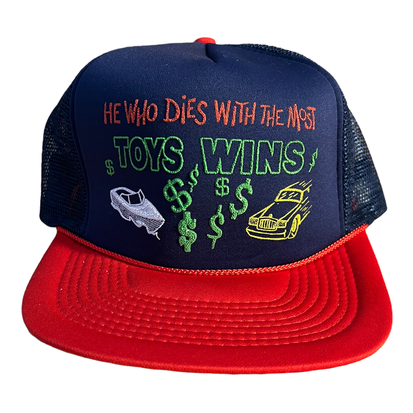 Vintage He Who Dies With The Most Toys Wins Trucker Hat Funny Hat