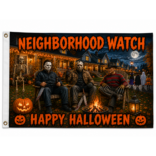 A rectangular Halloween flag with a white grommet strip on the left, featuring three horror movie villains sitting by a campfire in front of a haunted house. The text 'NEIGHBORHOOD WATCH' appears at the top and 'HAPPY HALLOWEEN' at the bottom, with jack-o'-lantern icons on both sides.
