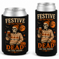 Two black can coolers shown side by side on a white background, each holding a silver aluminum can. The coolers feature a Halloween-themed graphic with a skeleton in a knit sweater, jack-o'-lanterns, bats, and the text 'FESTIVE ON THE OUTSIDE' and 'DEAD ON THE INSIDE'.