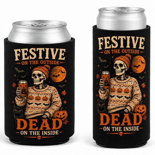 Two black can coolers shown side by side on a white background, each holding a silver aluminum can. The coolers feature a Halloween-themed graphic with a skeleton in a knit sweater, jack-o'-lanterns, bats, and the text 'FESTIVE ON THE OUTSIDE' and 'DEAD ON THE INSIDE'.