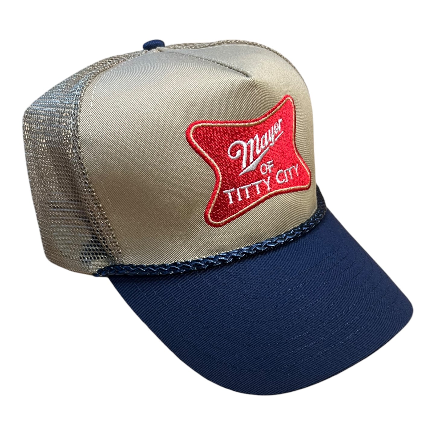 Mayor Of Titty City Trucker Hat Funny Beer Miller Logo Trucker Hat Navy/Beige