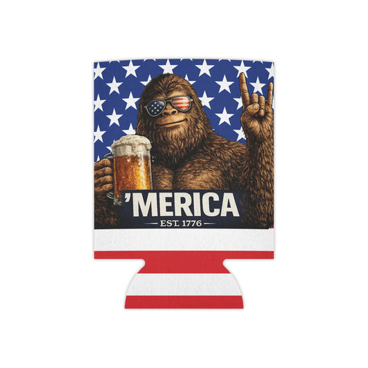 Merica' Bigfoot American Flag Funny Beer Can Cooler Holder Sleeve