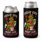 Two black can coolers on a white background, each holding a silver aluminum can. The coolers feature a graphic of a green cartoon frog wearing a pink dress and headband, sitting on a toilet and holding a red plunger, with the text 'FEELIN' CUTE MIGHT CLOG THE TOILET LATER'.