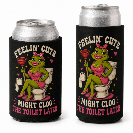 Two black can coolers on a white background, each holding a silver aluminum can. The coolers feature a graphic of a green cartoon frog wearing a pink dress and headband, sitting on a toilet and holding a red plunger, with the text 'FEELIN' CUTE MIGHT CLOG THE TOILET LATER'.