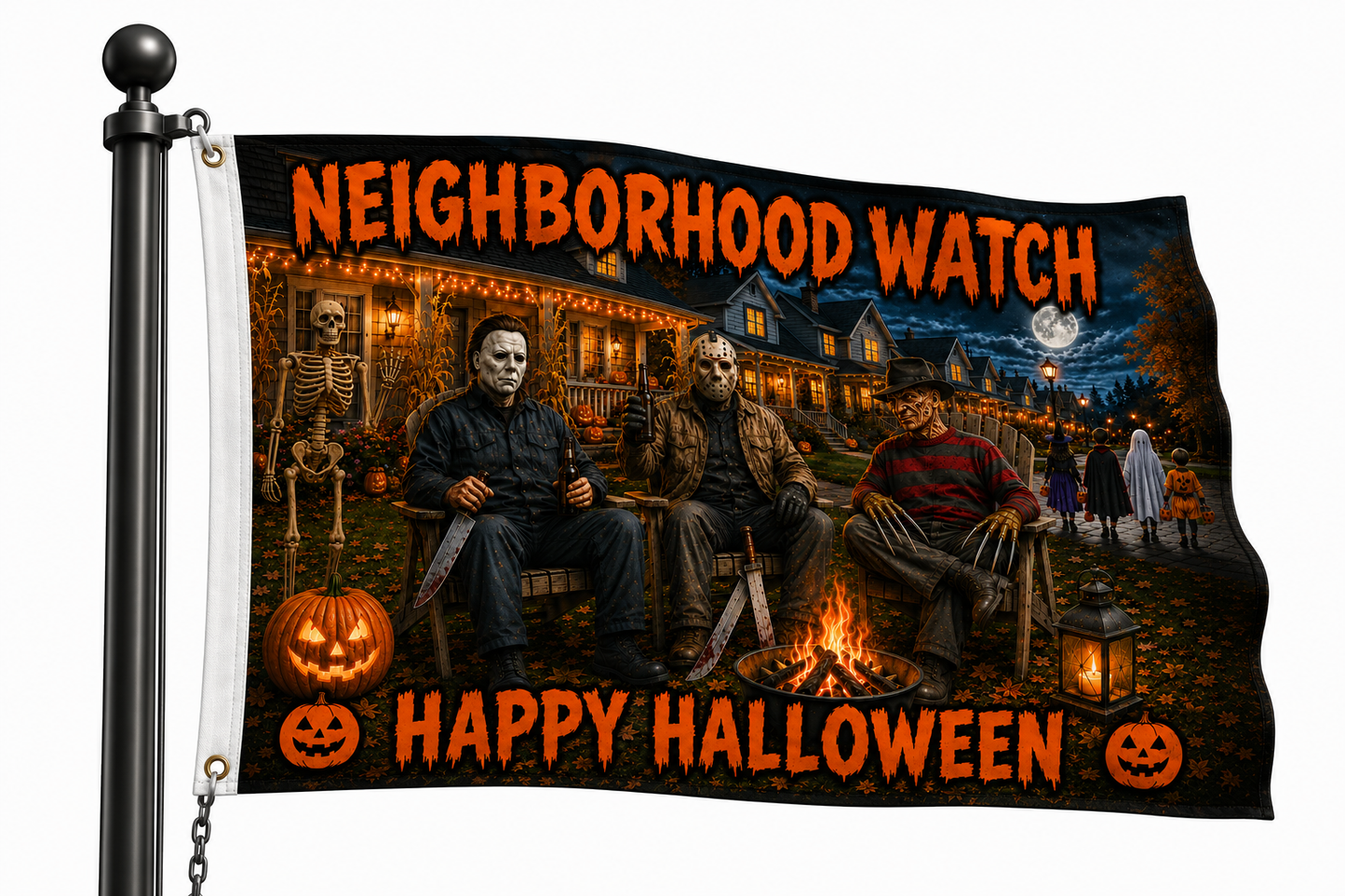 Neighborhood Watch Halloween Flag | Funny 3x5 Halloween Porch Decor | Outdoor Decorative Flag