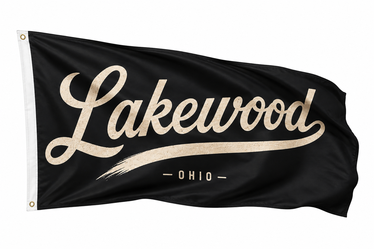 Lakewood Ohio Script Flag – Black & White Lakewood Flag – 12x18 or 3x5 FT