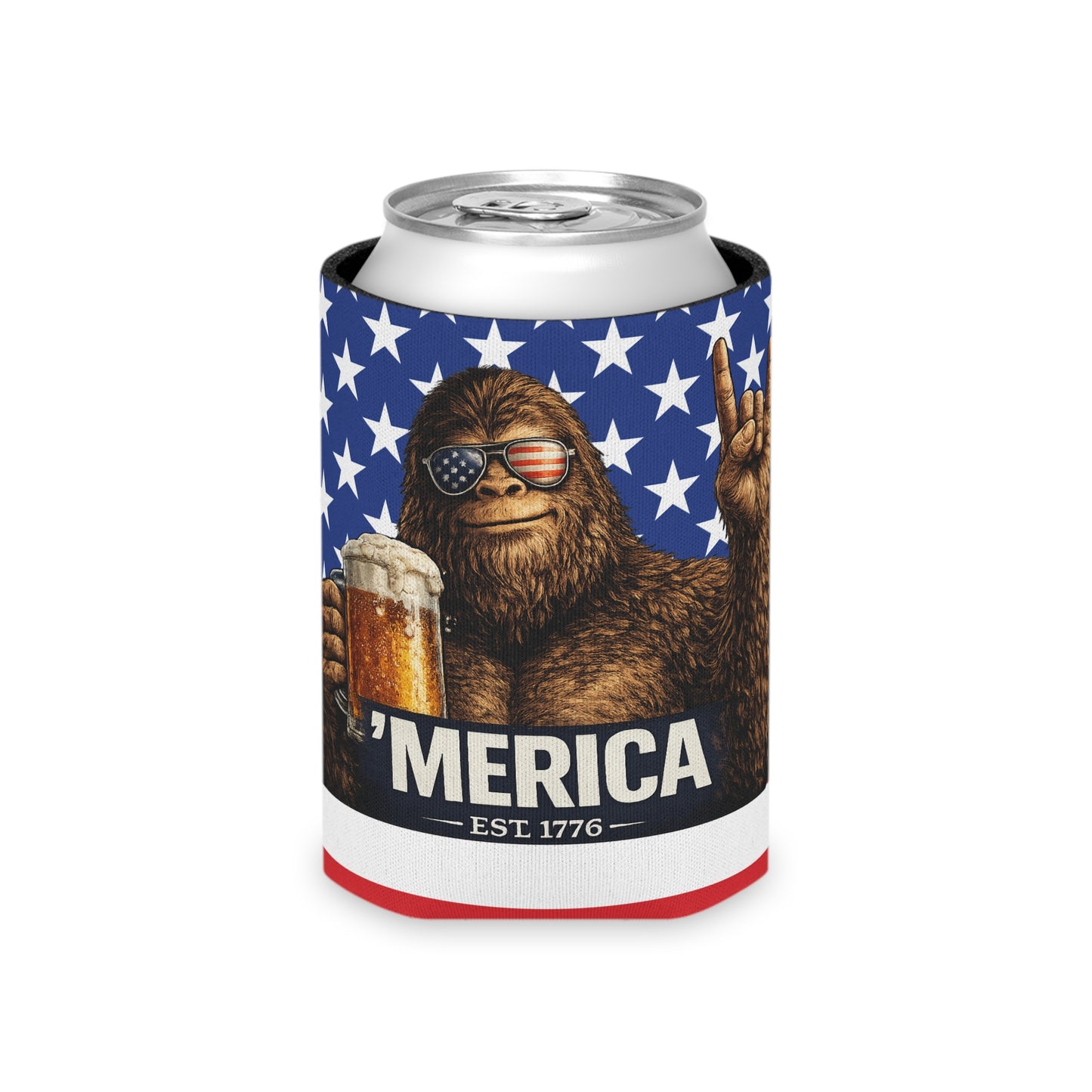 Merica' Bigfoot American Flag Funny Beer Can Cooler Holder Sleeve