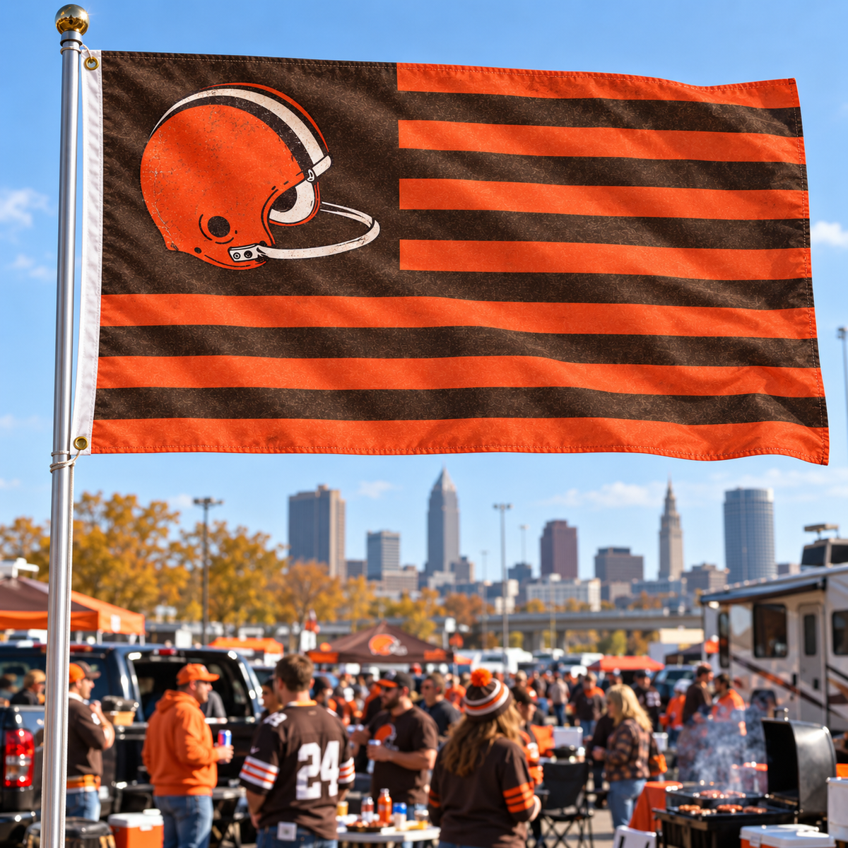 Cleveland Football Flag 3x5 – Orange & Brown Retro Helmet | Distressed Tailgate Decor