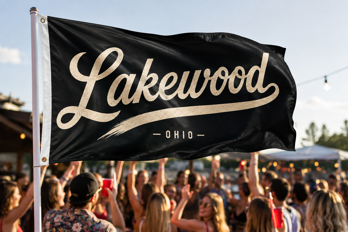 Lakewood Ohio Script Flag – Black & White Lakewood Flag – 12x18 or 3x5 FT