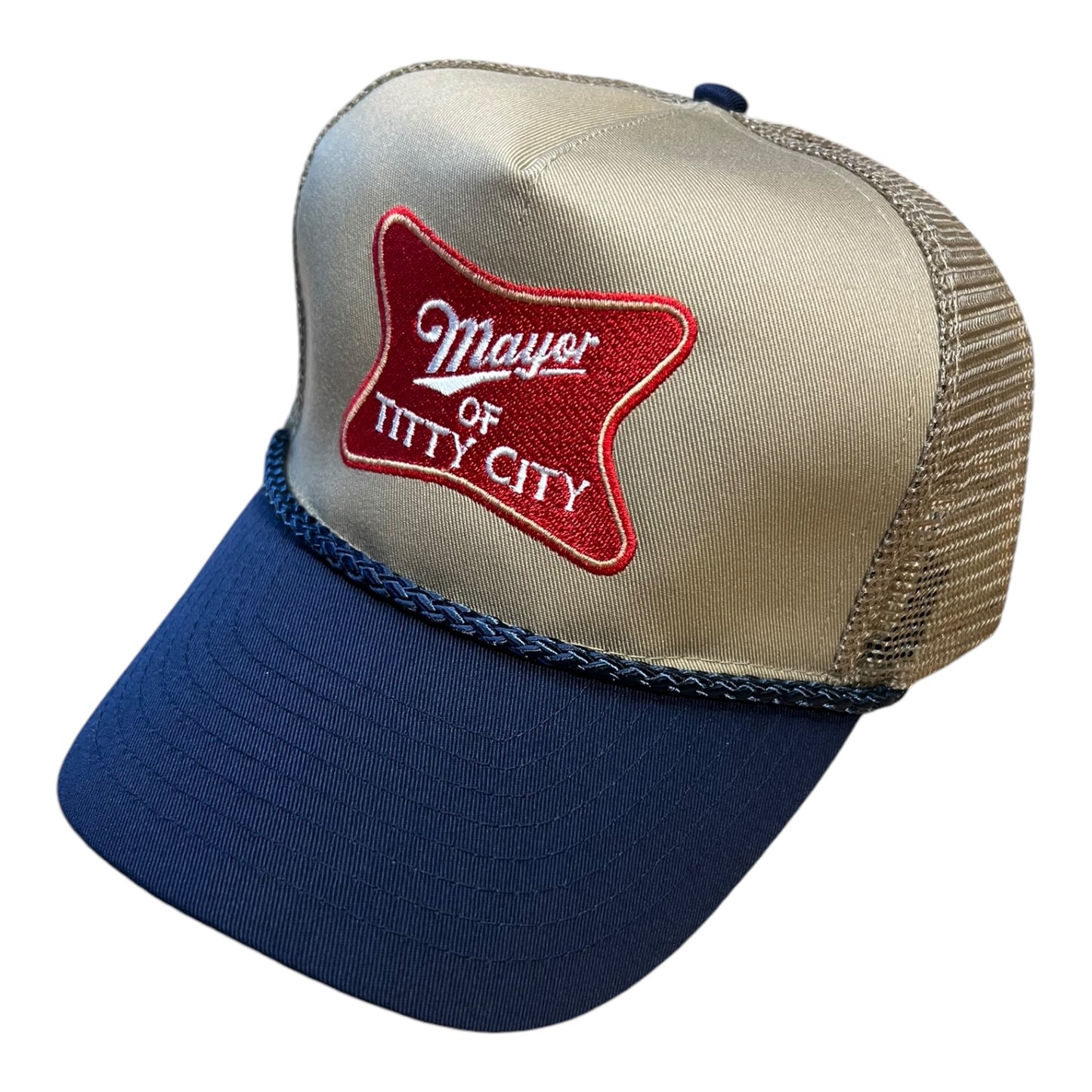 Mayor Of Titty City Trucker Hat Funny Beer Miller Logo Trucker Hat Navy/Beige