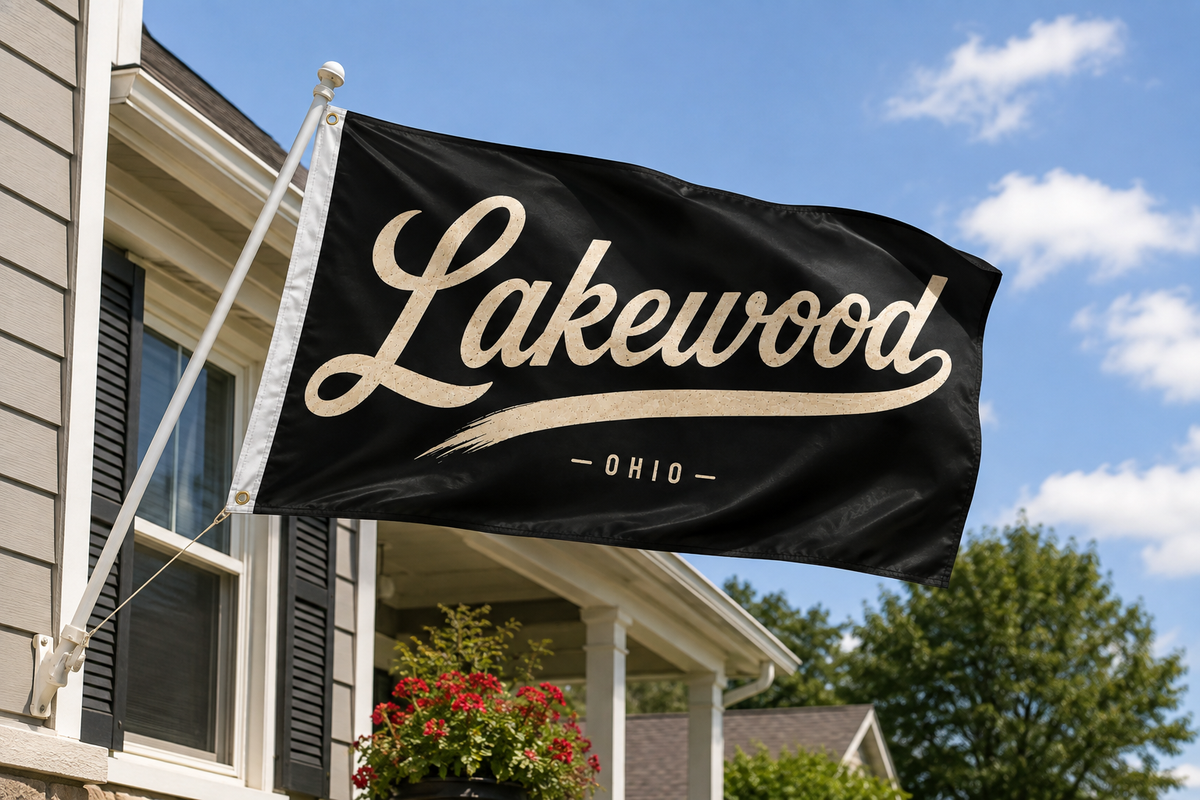 Lakewood Ohio Script Flag – Black & White Lakewood Flag – 12x18 or 3x5 FT