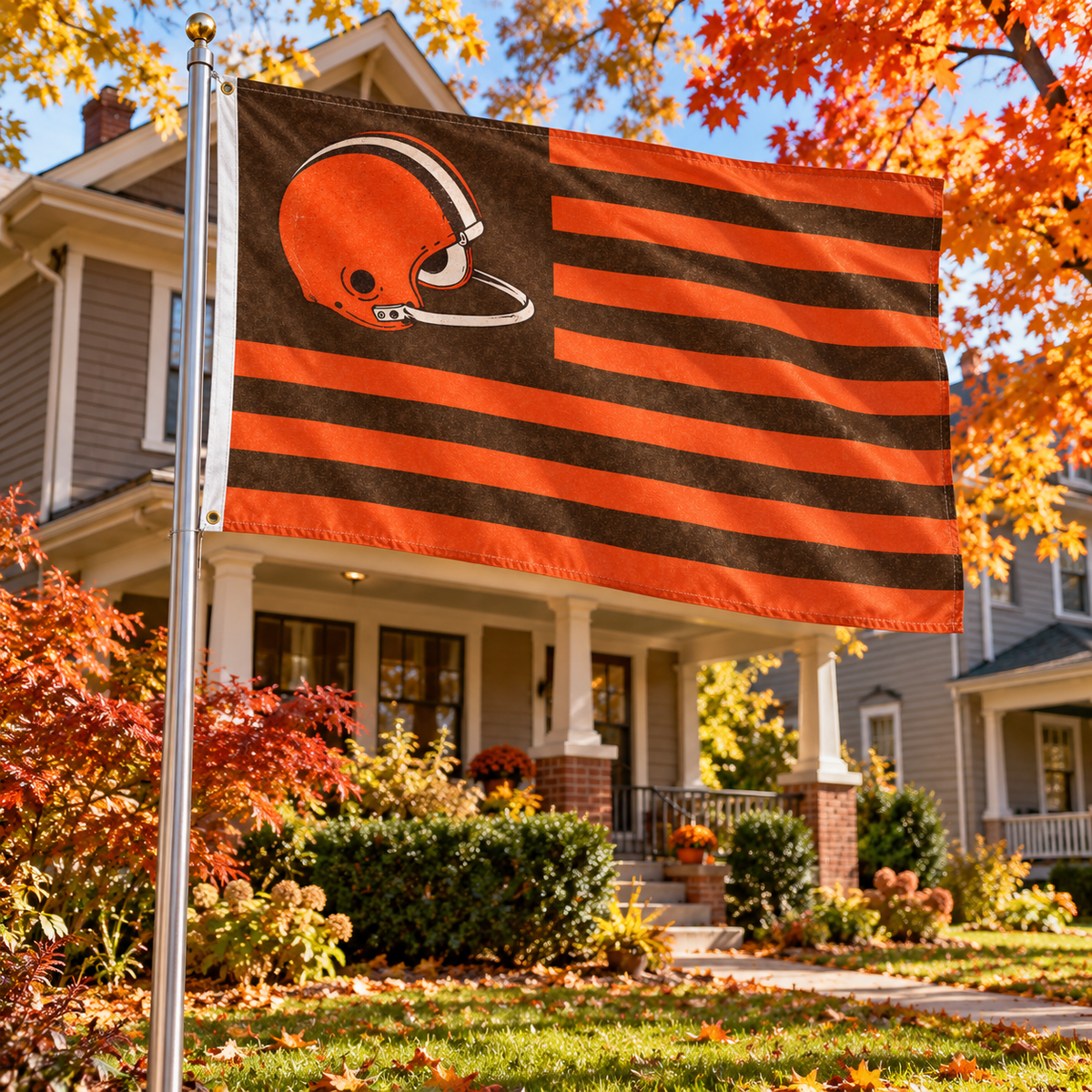 Cleveland Football Flag 3x5 – Orange & Brown Retro Helmet | Distressed Tailgate Decor