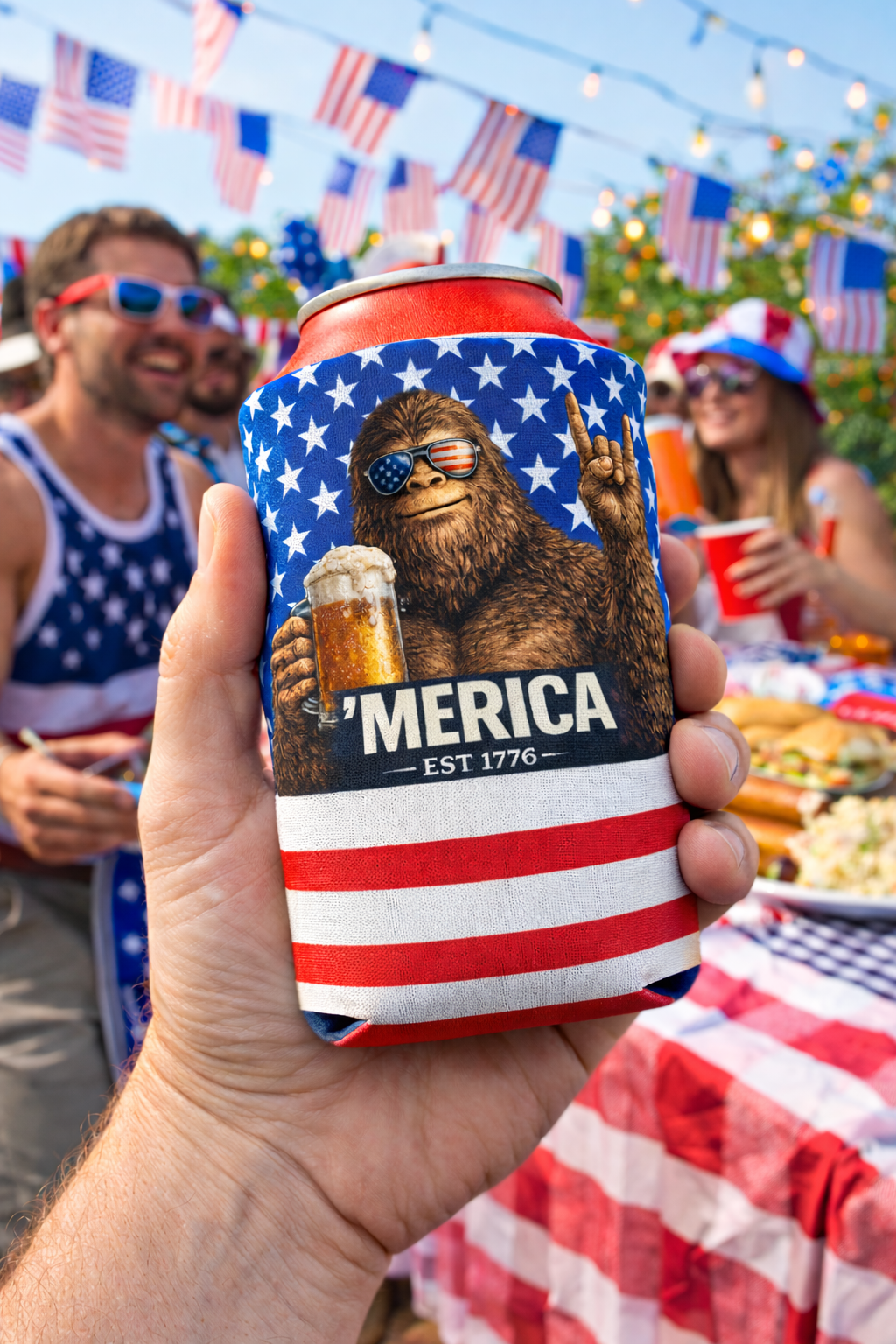 Merica' Bigfoot American Flag Funny Beer Can Cooler Holder Sleeve