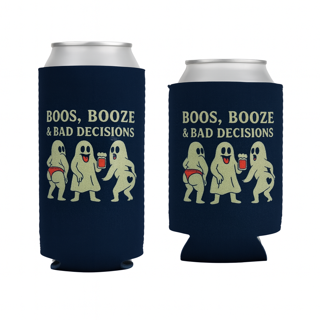 Boos Booze & Bad Decisions Halloween Ghost Beer Sleeve Coolie