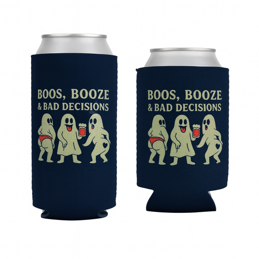 Boos Booze & Bad Decisions Halloween Ghost Beer Sleeve Coolie