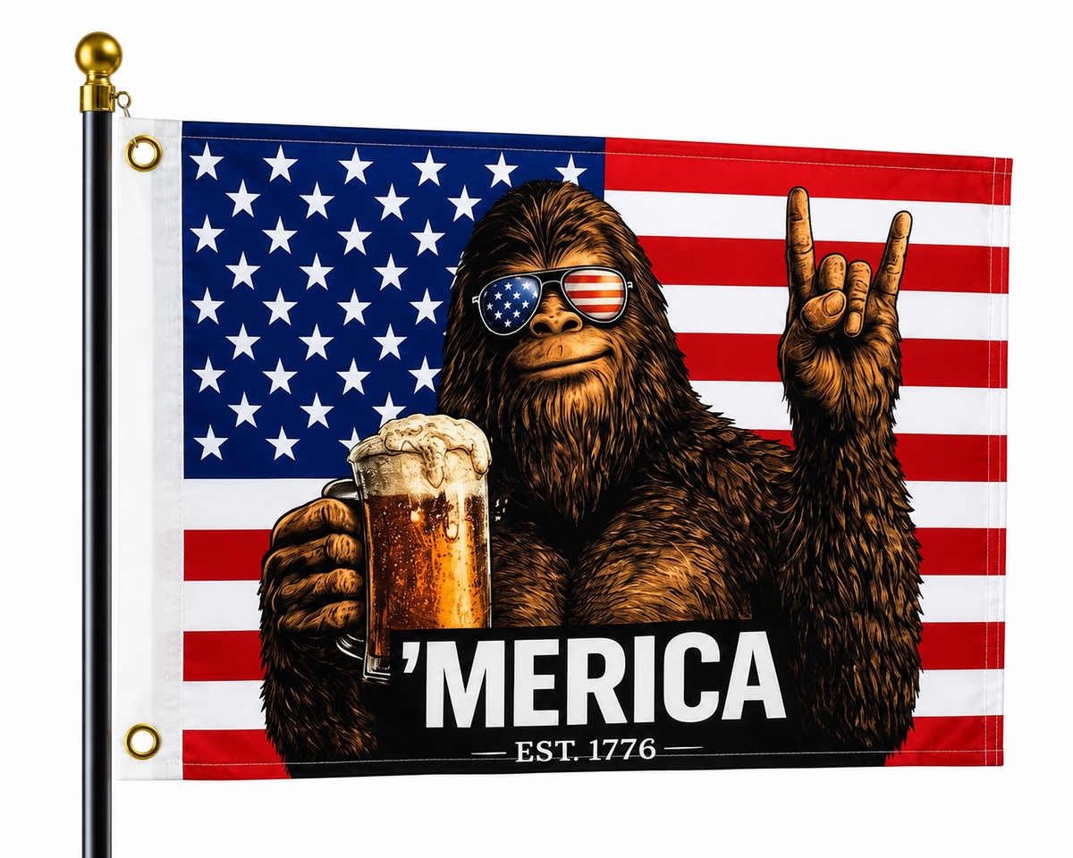 'Merica Bigfoot Golf Cart Flag | Double Sided 12x18 Patriotic Golf Cart Flag