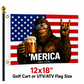 A 12x18 golf cart or UTV/ATV flag shown on a black pole against a white background. The flag features a cartoon Bigfoot wearing sunglasses with an American flag pattern, holding a beer mug and making a rock-on gesture, with the text "MERICA EST.