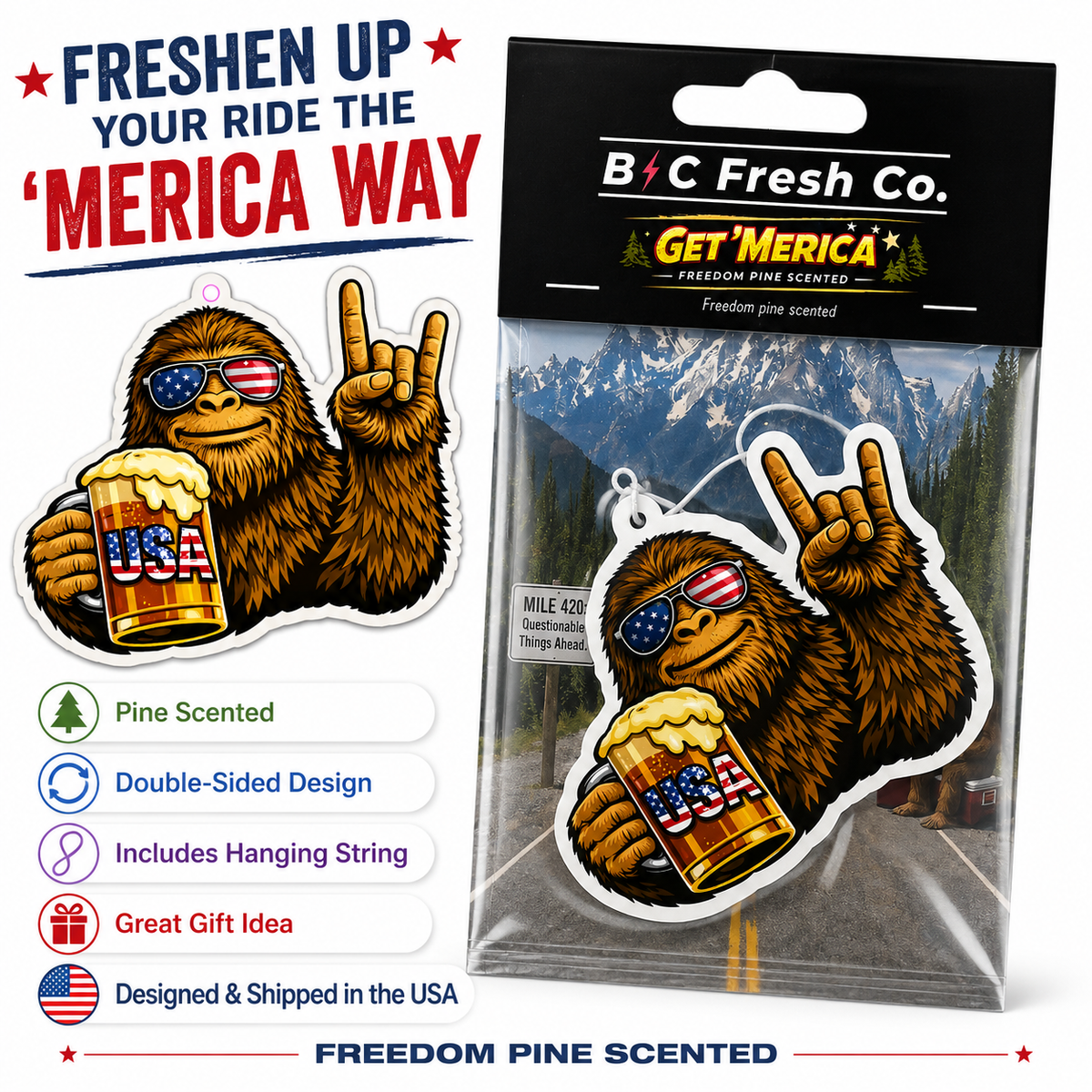 Get ’Merica Bigfoot Car Air Freshener – Freedom Pine Scent | BC Fresh Co.