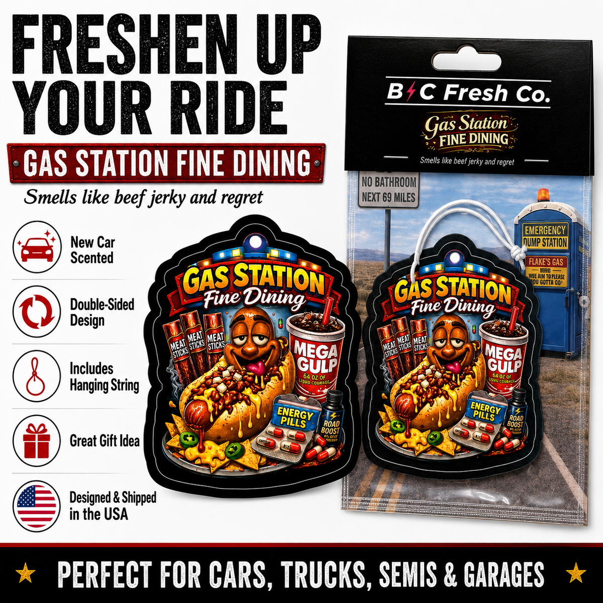 Gas Station Fine Dining Funny Car Air Freshener – Road Trip Snack Gag Gift | BC Fresh Co.