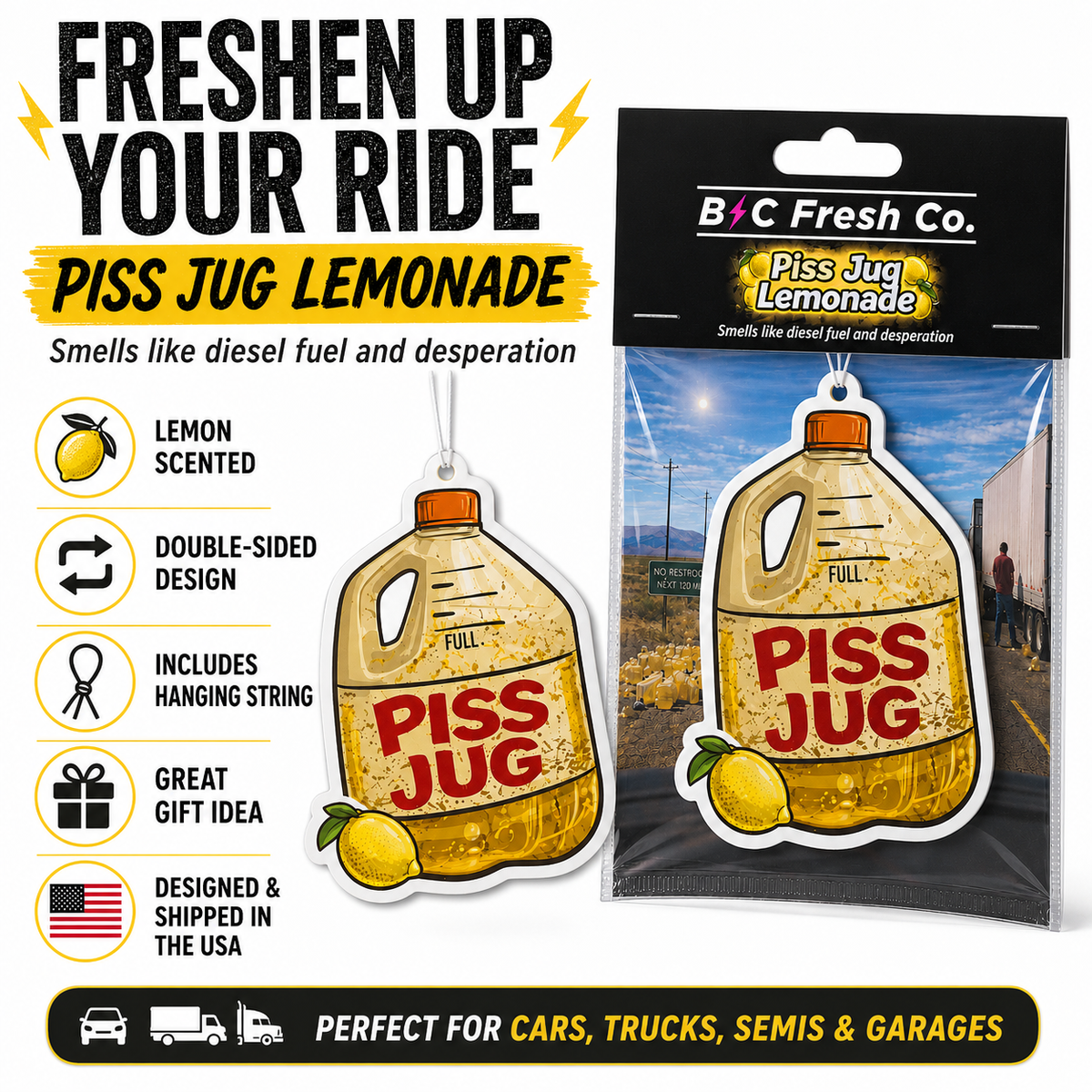 Piss Jug Lemonade Funny Car Air Freshener – Trucker Gag Gift & Hanging Truck Accessory | BC Fresh Co.