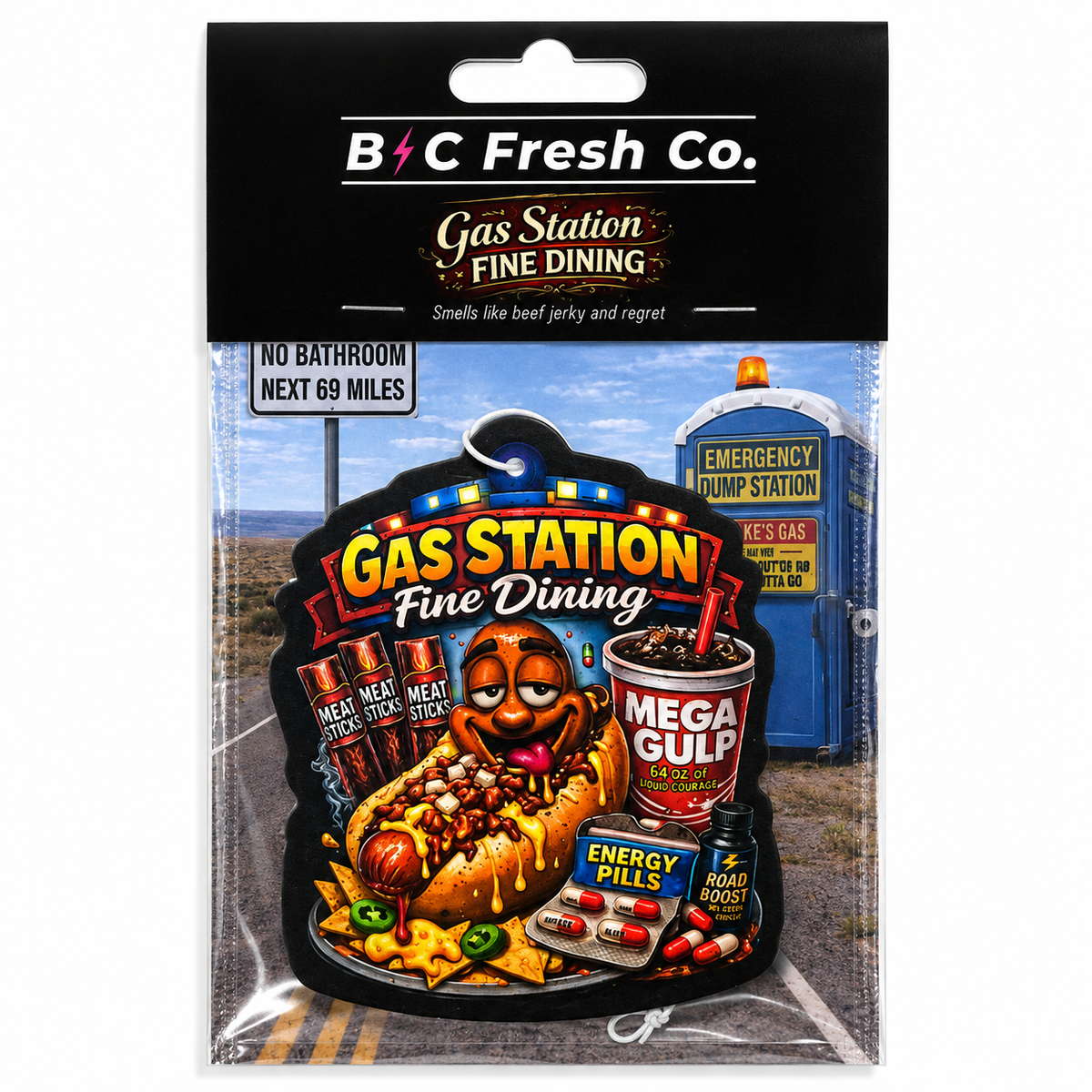 Gas Station Fine Dining Funny Car Air Freshener – Road Trip Snack Gag Gift | BC Fresh Co.