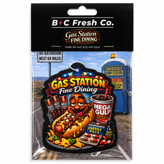 Gas Station Fine Dining Funny Car Air Freshener – Road Trip Snack Gag Gift | BC Fresh Co.
