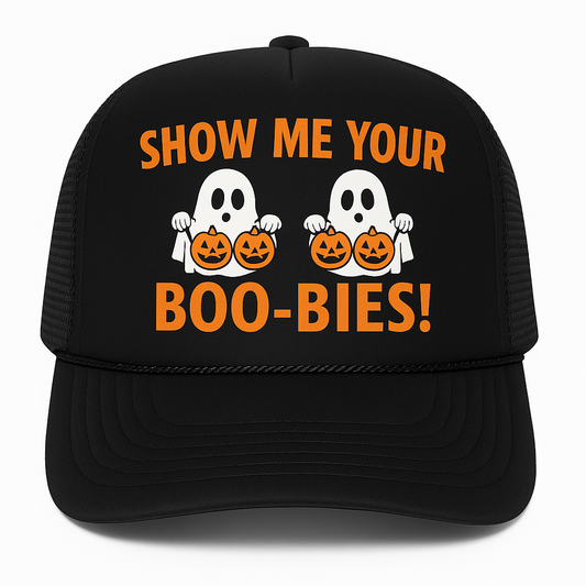 Show Me Your Boo-Bies Funny Halloween Hat Funny Trucker Hat Black