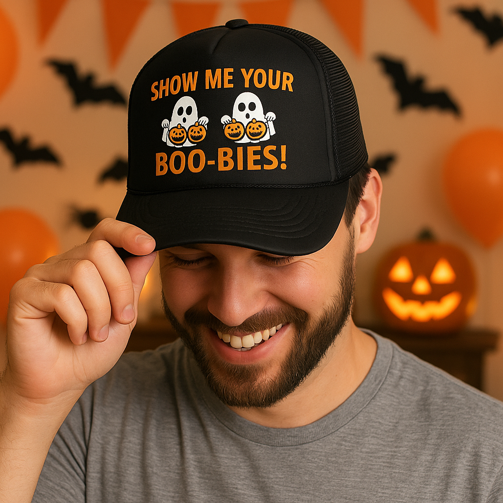 Show Me Your Boo-Bies Funny Halloween Hat Funny Trucker Hat Black