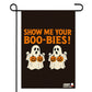 Halloween-themed garden flag with ghosts and text on a black background
