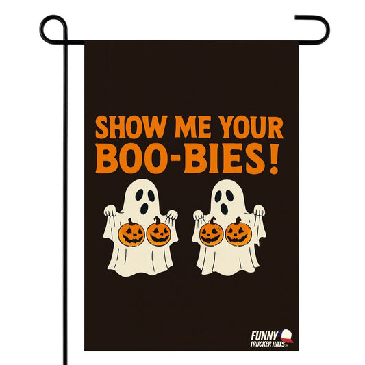 Halloween-themed garden flag with ghosts and text on a black background